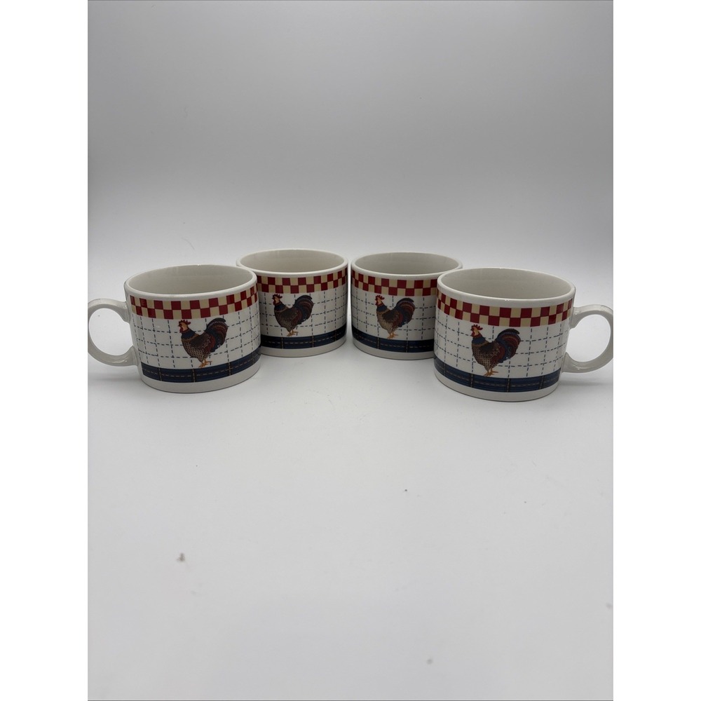 Majesticware by Oneida Calico Rooster Stoneware Mugs Set of 4 Country Farmhouse